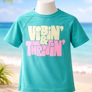 Old Navy Kids Rashguard 4/5 Teal Graphic Swim Top Short Sleeve